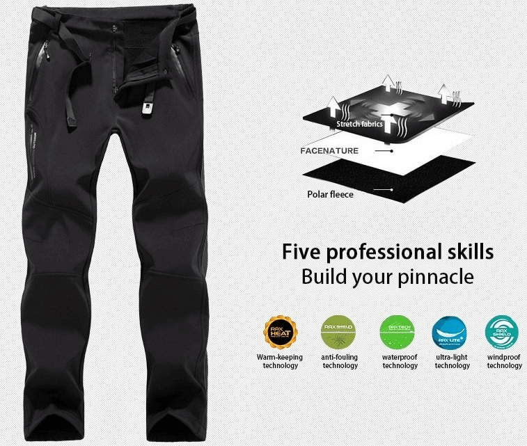 Windproof waterproof fleece women's hiking pants with insulating polar fleece lining and advanced fabric technology.